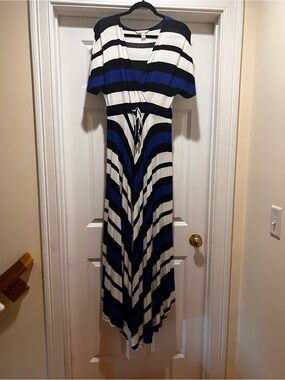 Striped Blue and White Maxi Dress with Drawstring Waist